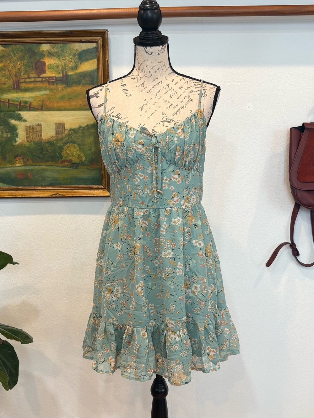 Windsor Sage Green Floral Mini Dress Cottagecore Fairycore Size L